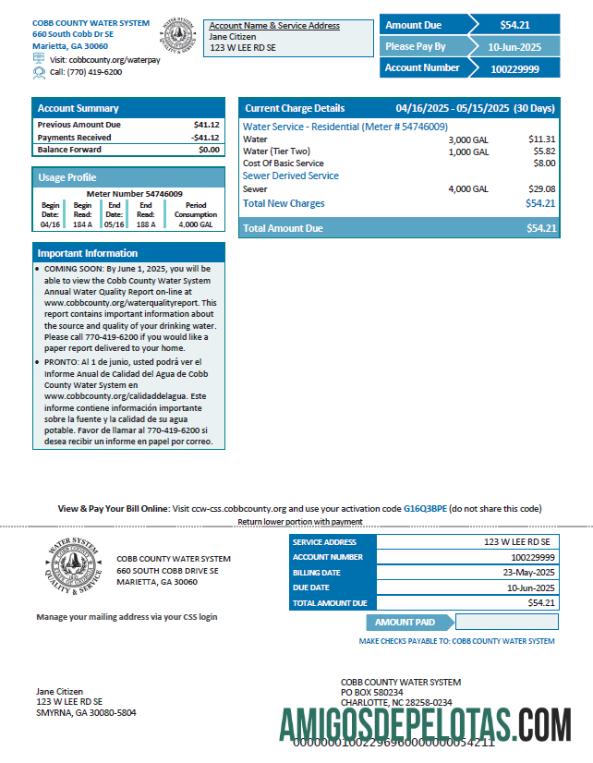 imprimível Modelo de conta de serviços públicos do sistema de água do condado de Cobb dos EUA em formatos Word e PDF, versão 2